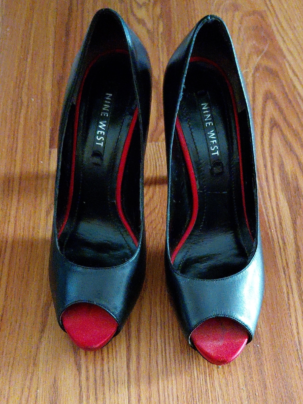 Nine West Black Peep-Toe Heels with Red Toe and Trim